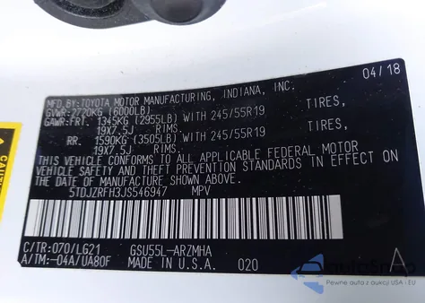 2018 Toyota Highlander Se/Xle z USA, uszkodzony, nr VIN 5TDJZRFH3JS546947